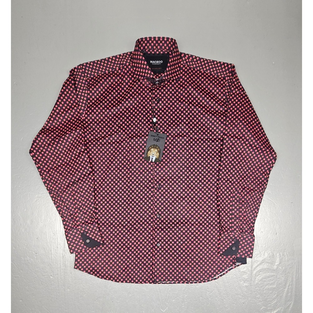 MACEOO Dress Shirt Mens 4/Large Blk Red Einstein Diagonal Check Long Sleeve NWT